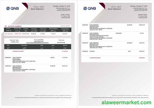Qatar QNB Bank statement Word and PDF template, 2 pages